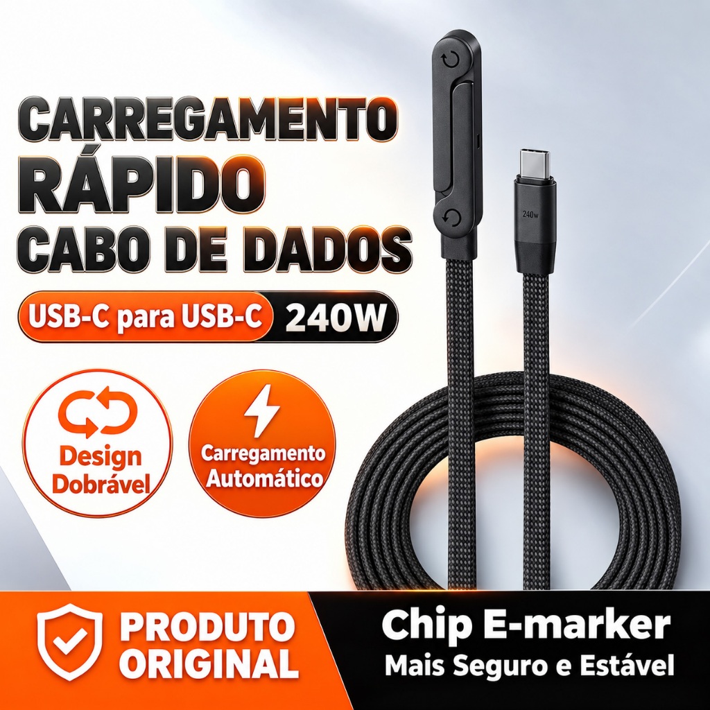 Cabo USB-C para USB-C 240W com Suporte Dobrável para Celular e Chip E-Marker