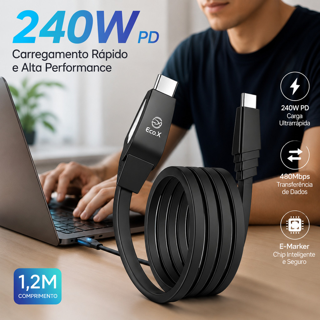 Cabo USB-C para USB-C 240W PD E-Marker 1,2m Carregamento Rápido 480Mbps