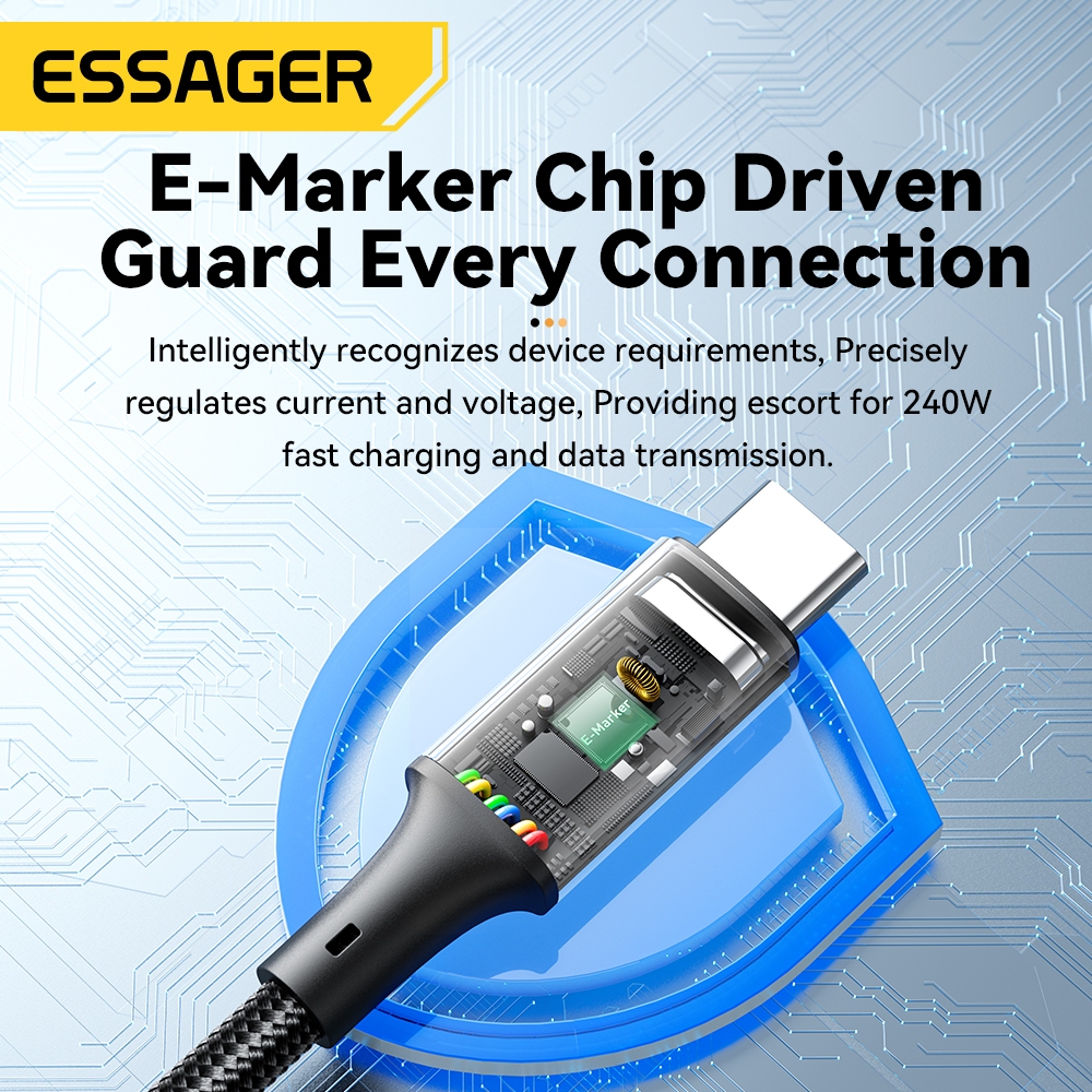 Cabo de Carga Type-C para Type-C Essager 240W com chip E-Marker embutido para Xiaomi IP1 5.