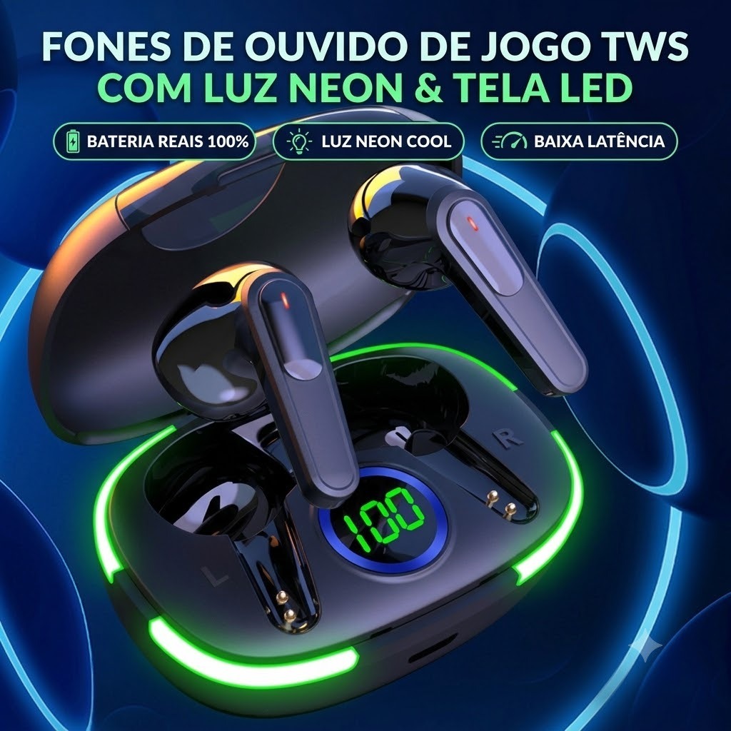 Fone de Ouvido Bluetooth TWS Sem Fio Gamer com LED, Baixa Latência, Estojo com Display Digital