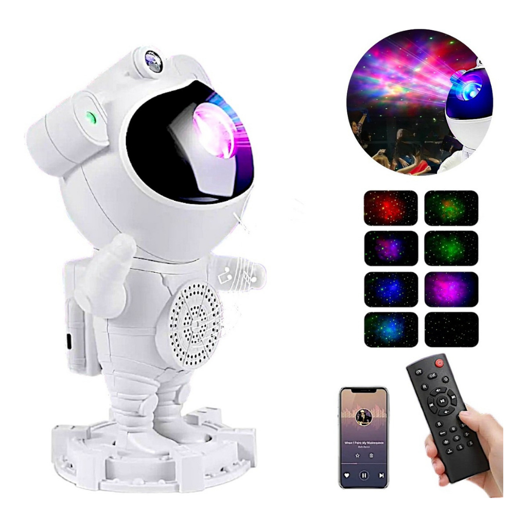 Luminária Projetor Noturno Robô Astronauta Bluetooth Som