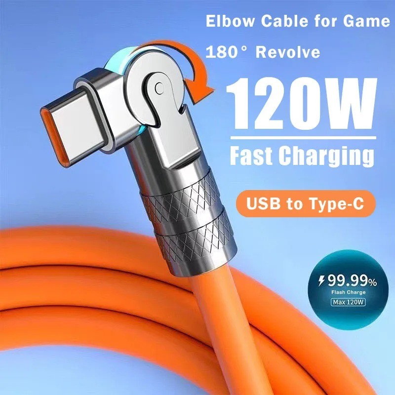 Cabo de carga rápida USB tipo C 120w rotação de 180 graus cabo em formato de cotovelo para jogos para Xiaomi Redmi