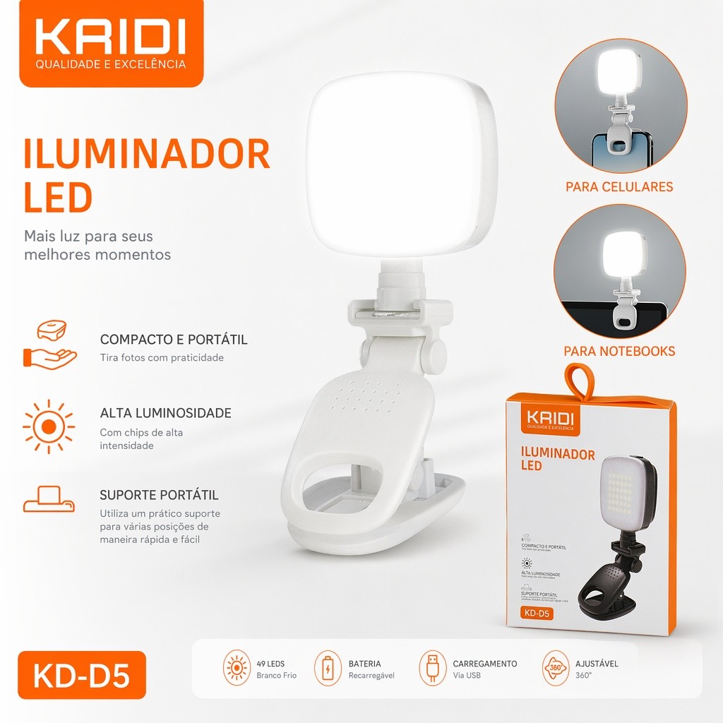 Luz de Led com Presilha para Celular – Rotação 360°, Ajuste 180°, Multiângulo para Selfie/Live/Make up KAIDI KD-D5