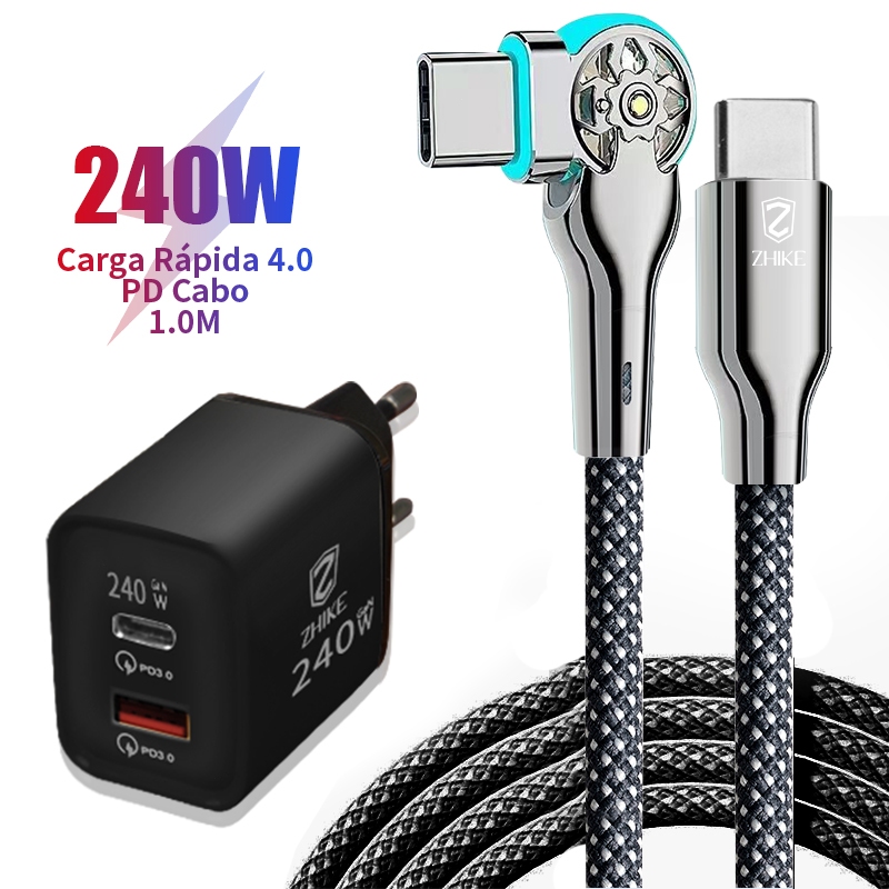 Cabo Carregador Carregamento Rápido PD Tipo C Para Tipo C/iP Rotação 180 ° Nylon Trançado Com GaN Adaptador