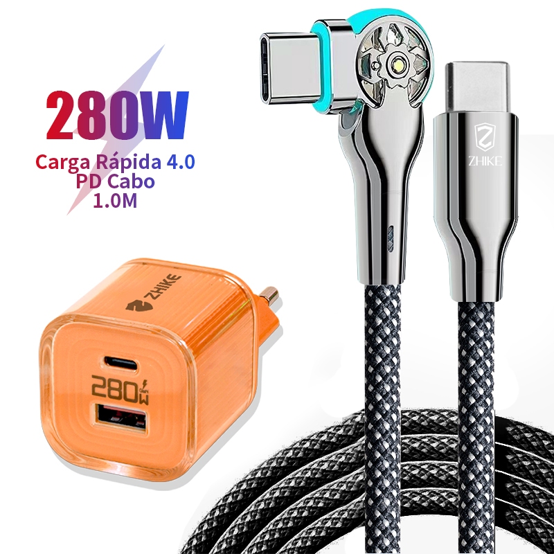Cabo Carregador Carregamento Rápido PD Tipo C iP 1M Rotação 180° Trançado de Nylon Com Adaptador GaN