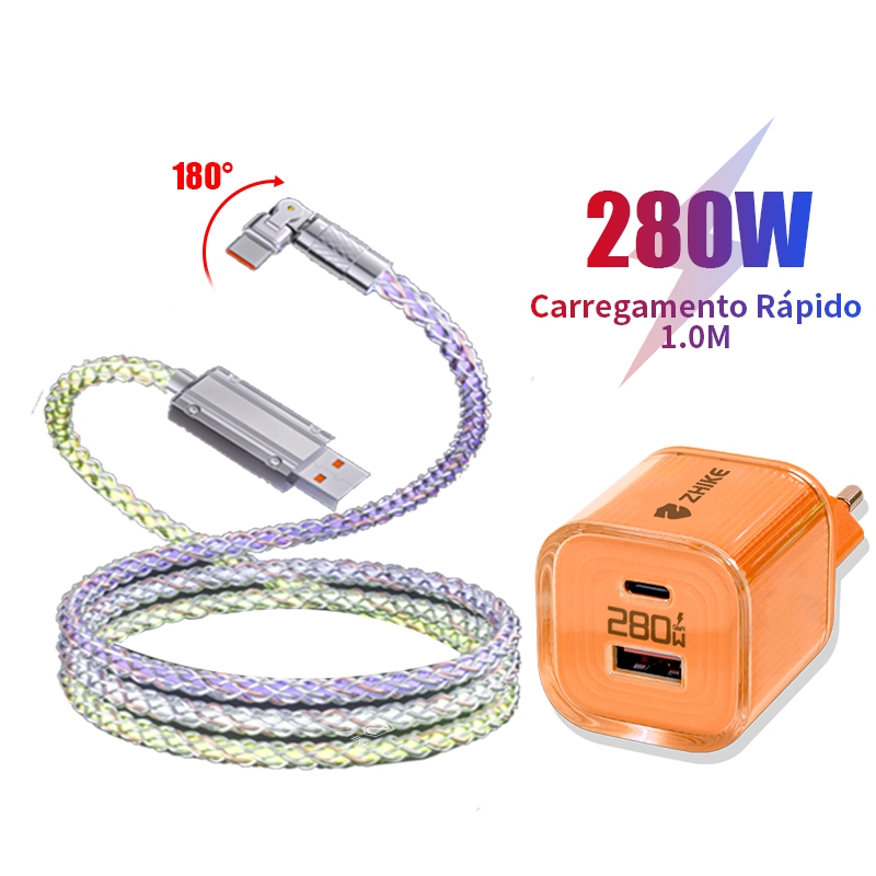 Cabo Carregador Carregamento Rápido USB Tipo C Micro USB V8 iP 1M RGB Rotação 180° Com Adaptador GaN