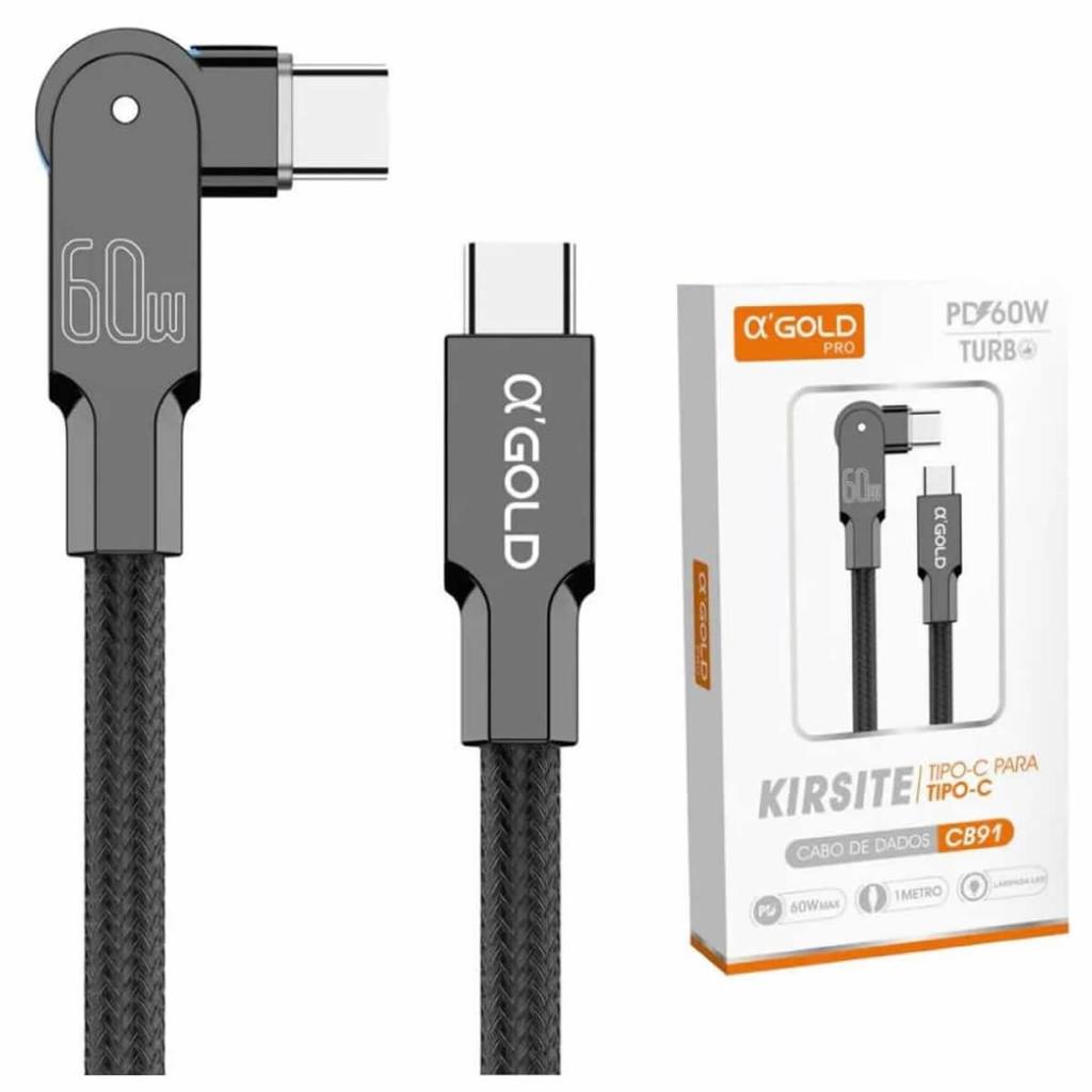 Cabo Carga e Dados Celular Tipo C / USB C Turbo 60w Ponta Rotação 180° A'Gold CB-91 Gamer Led IOS Android Carregador