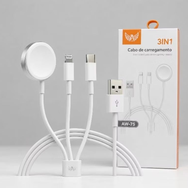 Cabo 3 em 1 p/ Apple Watch, iPhone e Android – Prático e Rápido