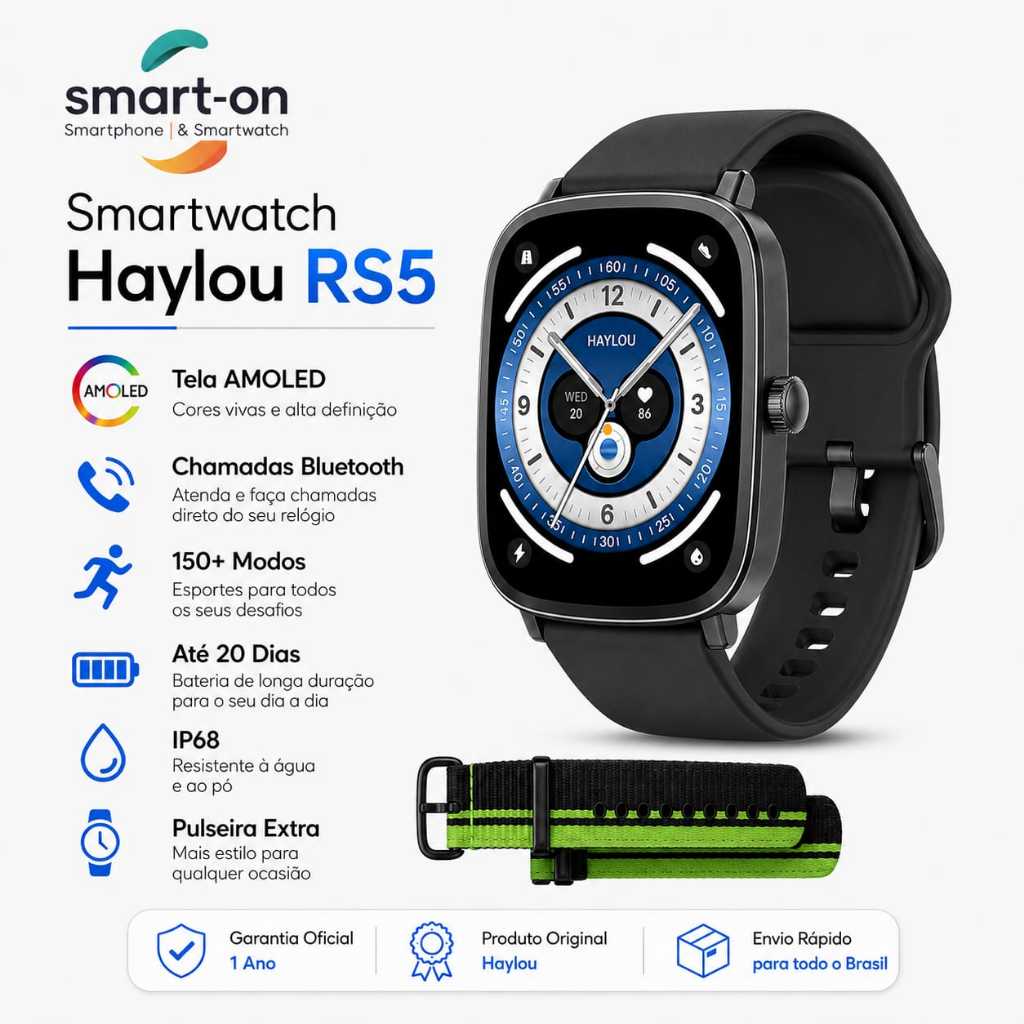 Smartwatch Haylou RS5 AMOLED Chamadas Bluetooth Android iPhone Pulseira Extra Original IP68