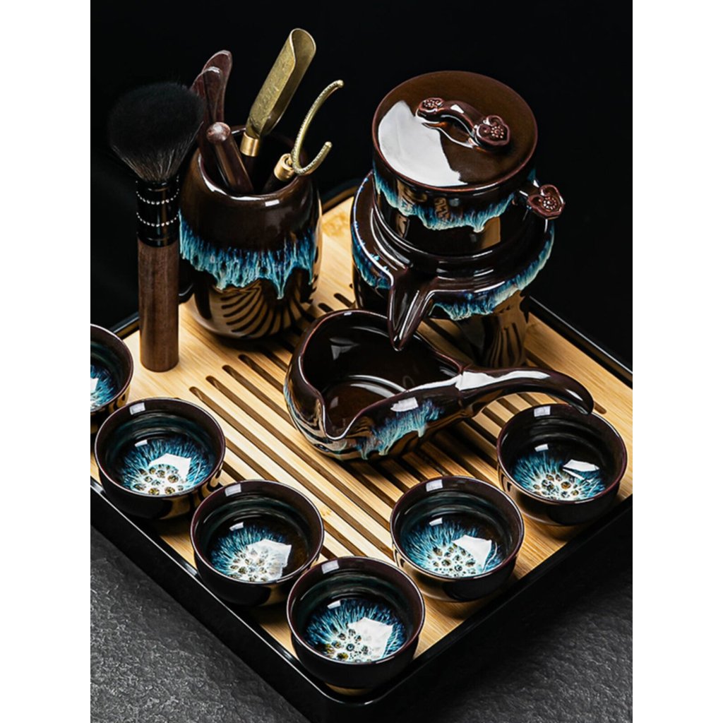 [Good Quality] Lazy Kung Fu Tea Set for Home Use, Light Luxury Automatic Teapot, Jianzhan Teacup, Stone Mill Tea Brewing