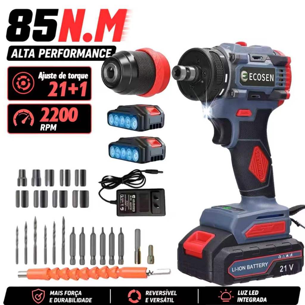 Furadeira Elétrica Sem Escova Screwdriver 21V 85N.m Strong power ECOSEN Professional Edition
