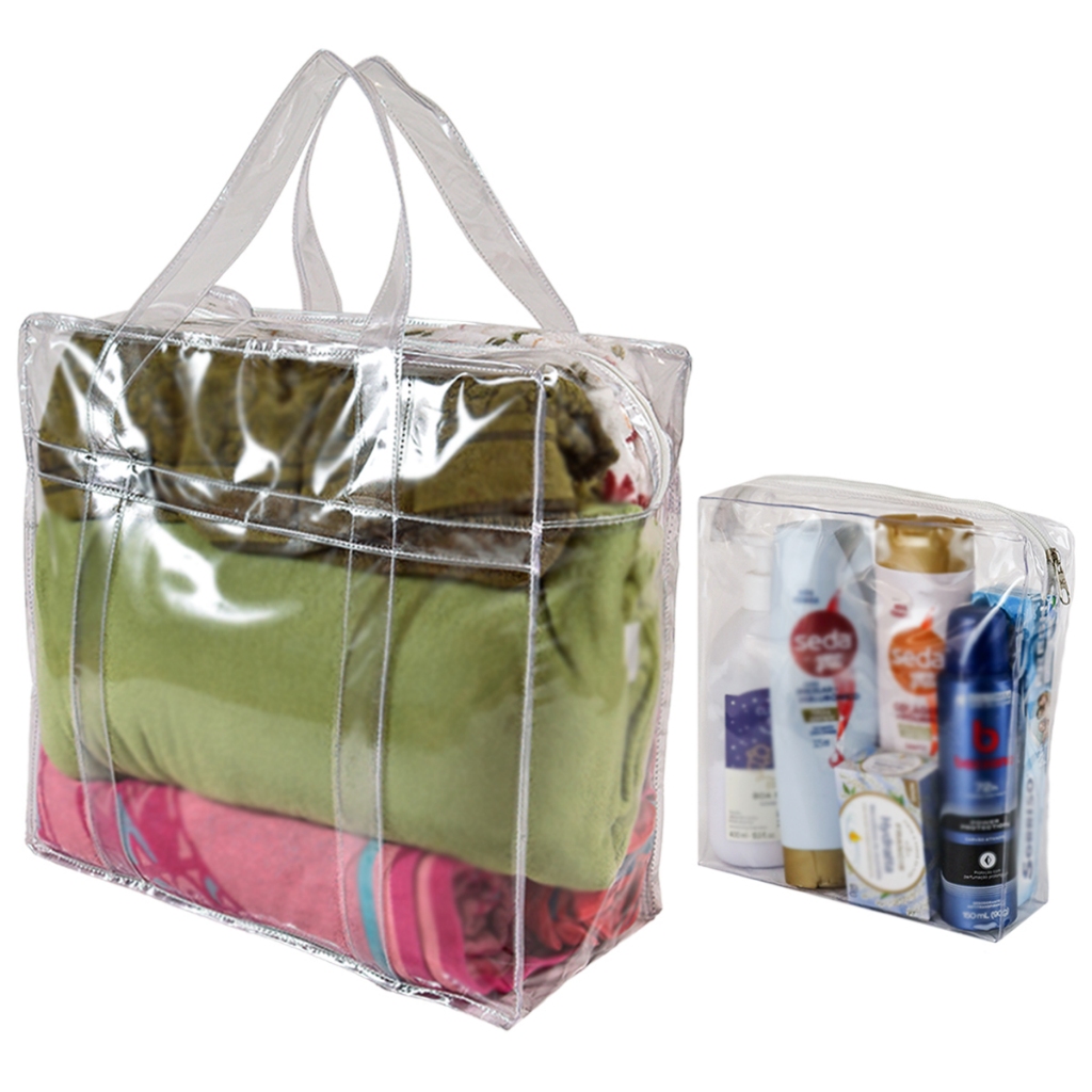 Kit Bolsa PVC Transparente Com Necessaire Organização Visível Aceita Em Cadeia CDP Viagem Esportiva