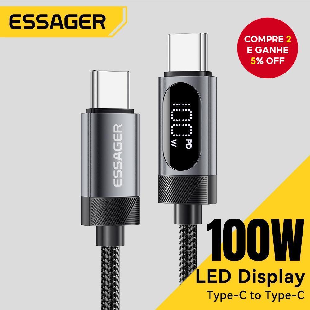 Cabo de Carregamento Rápido USB-A/C para C da Essager com Chip E-Marker Alta Corrente Atualizado para IP/Android