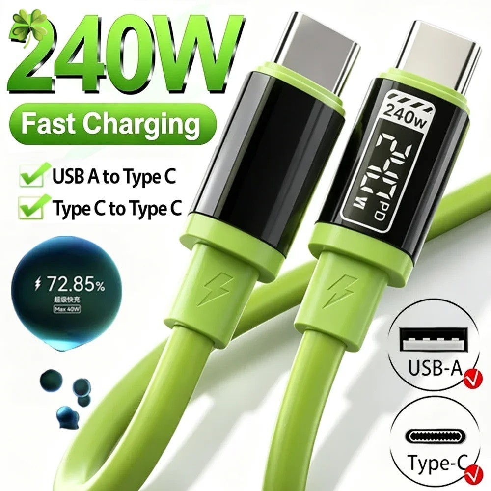 Cabo De Carregamento Rápido De Alta Potência 240 W 1.5 M Com Chip Inteligente E-Marker Silicone Espesso USB-A/Tipo C Par