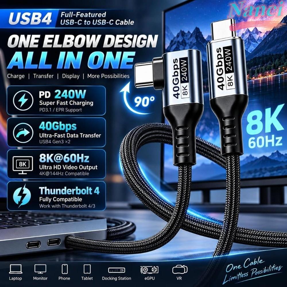 Cabo NANCI USB4 , De Dados PD3.1 USB-C De 240 W , Chip E-Marker 8K @ 60 Hz Carregamento Tipo Trançado De Nylon