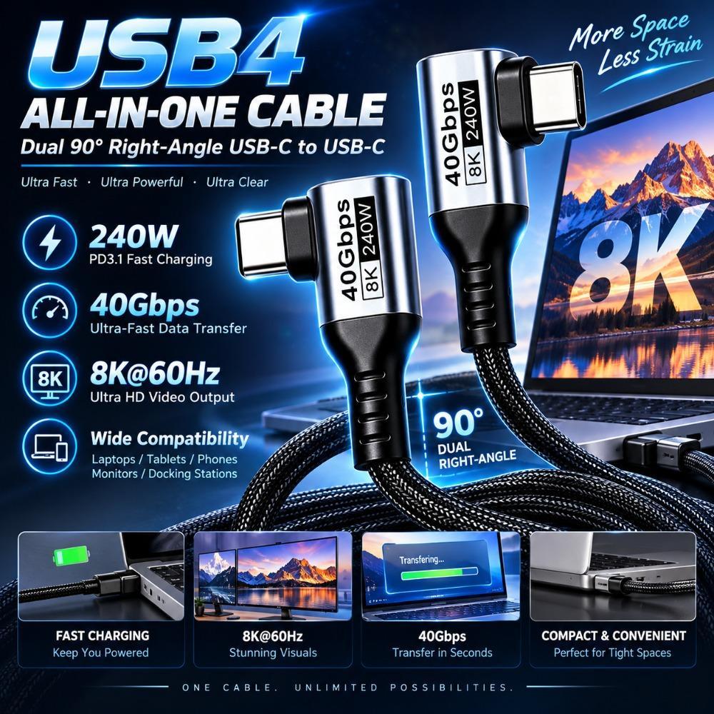 Cabo De Dados USB-C , USB4 De 240 W PD3.1 De 40 Gbps Carregamento Tipo De Chip E-Marker Duplo De 90 Graus De 8K @ 60 Hz
