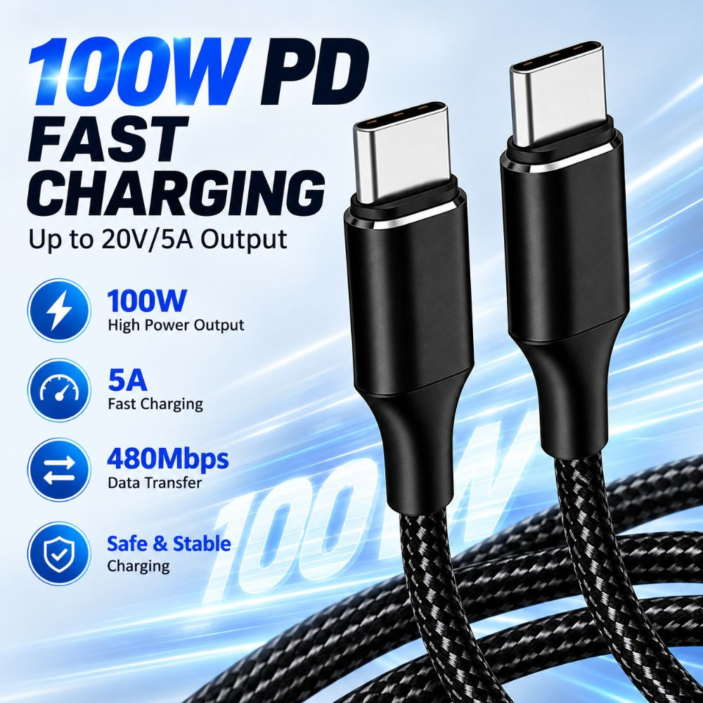 Cabo De Dados Tipo C , Carregamento 5A 100W PD USB-Chip E-Marker Liga De Alumínio 480Mbps Chumbo De Carga Rápida