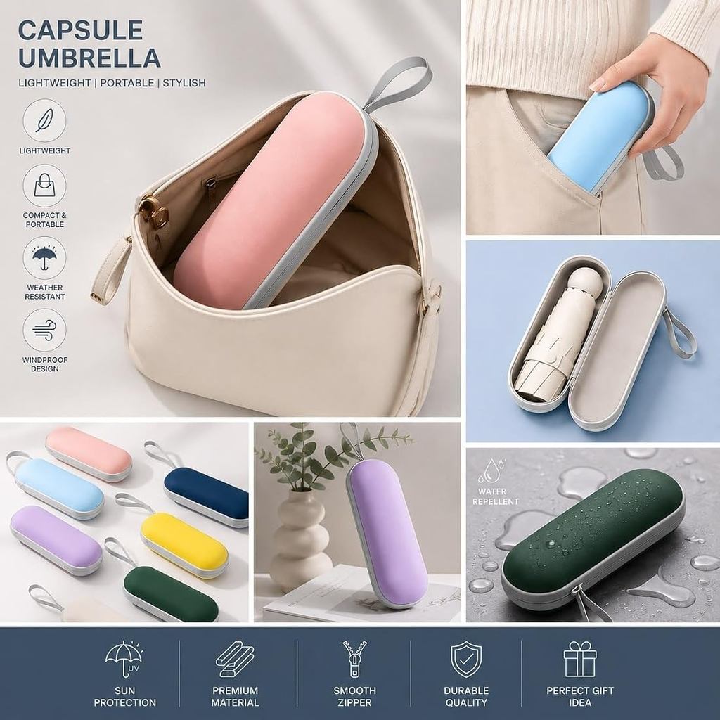 Sombrinha Mini de Bolso Proteção Solar UPF50+ Guarda-Chuva Cápsula 5 Dobras Compacto Portátil com Estojo