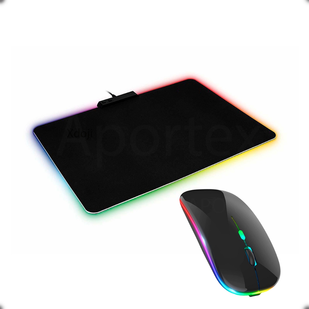 Kit Mouse Bluetooth Wireless Sem Fio USB + Mousepad Preto Tecido Speed  RGB 35x25