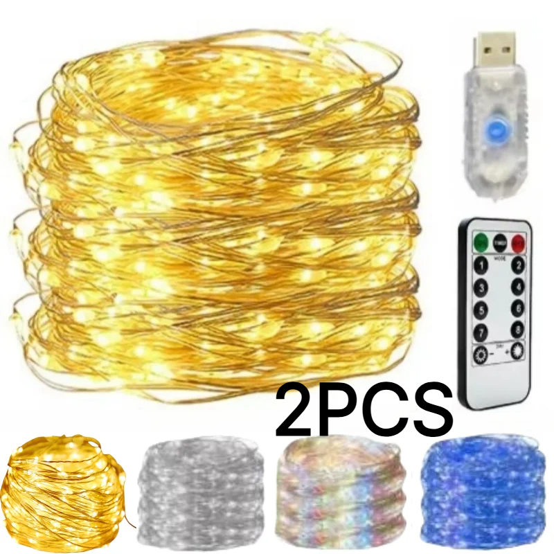 Luzes USB SAIMILI 2 Pcs 10M 100LEDS Fairy String Sliver Fio Iluminação Com 8 Modos Lâmpadas De Controle Remoto Para Quar