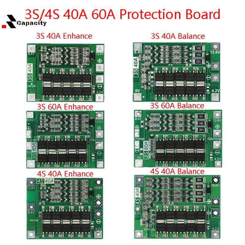 Capacidade 3S 4S 40A 60A Placa De Proteção Do Carregador De Íon-Lítio 18650 BMS Para Motor De Broca 11.1V 12.6V/14.8V 16