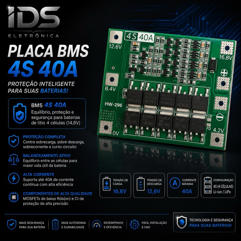 Placa BMS 4S 40A - Gerenciamento de Bateria para Li-Ion