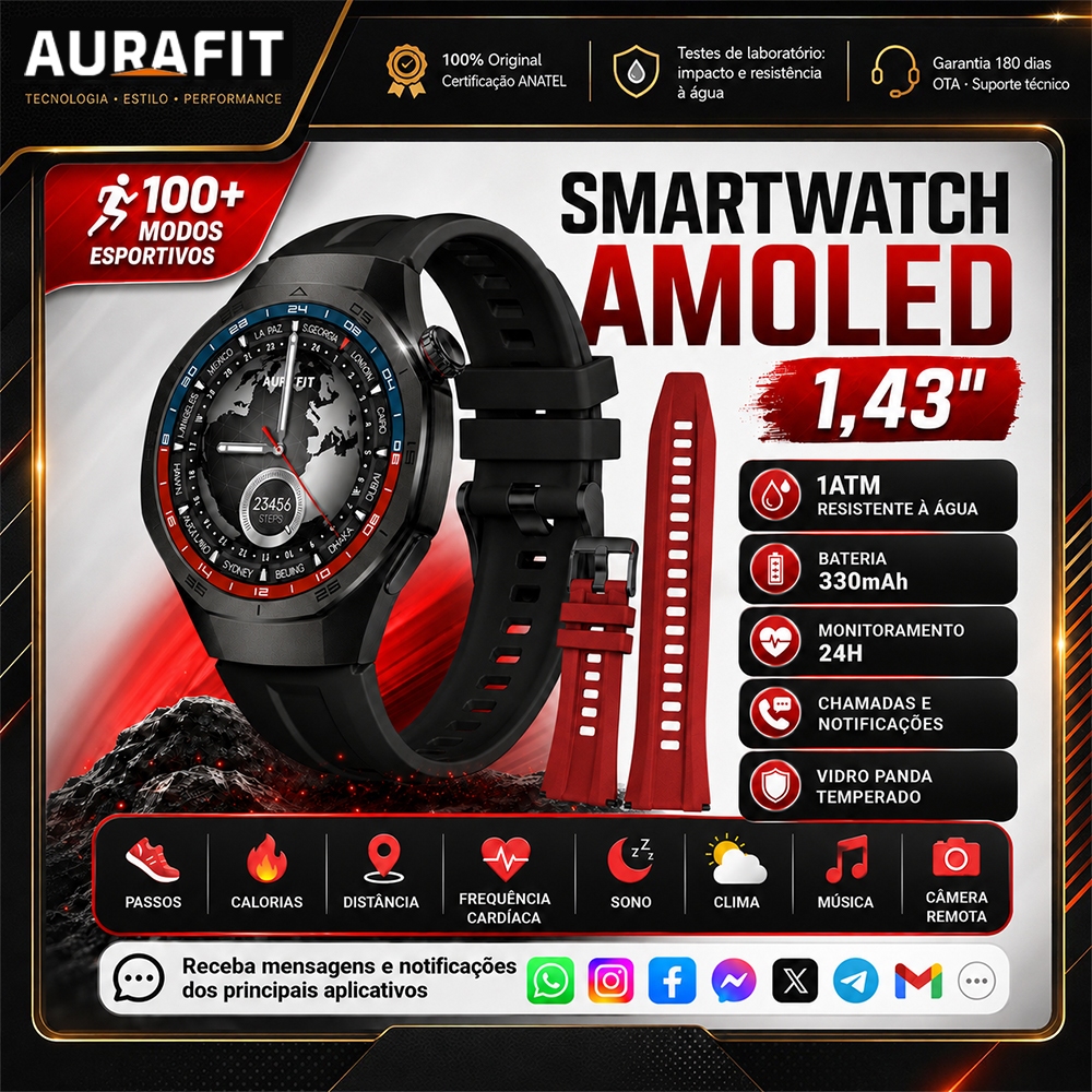 AURAFIT AM34 Smartwatch em Liga de Zinco, Preto, 1.43