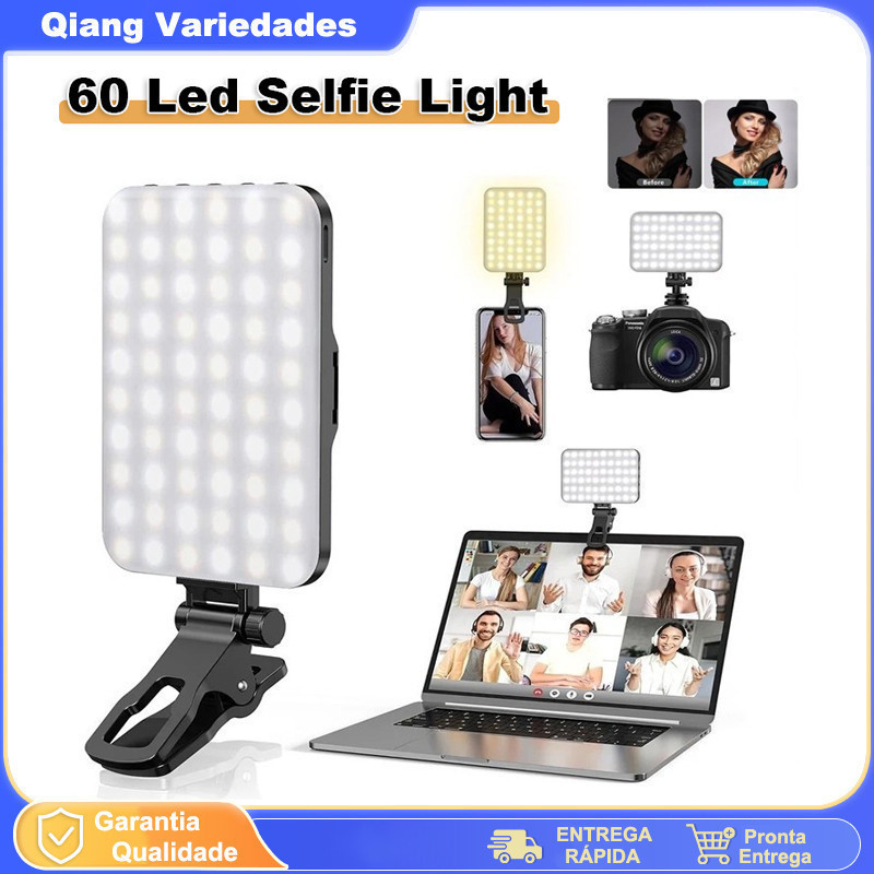 Luz De Led Portátil Para Selfie Com Carregamento De Clipe 60 Leds 2000mAh Usb