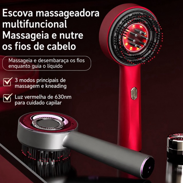 Escova Massageadora Capilar LED 630nm Anti Queda Crescimento do Cabelo Aplicador de Tônico e Óleo