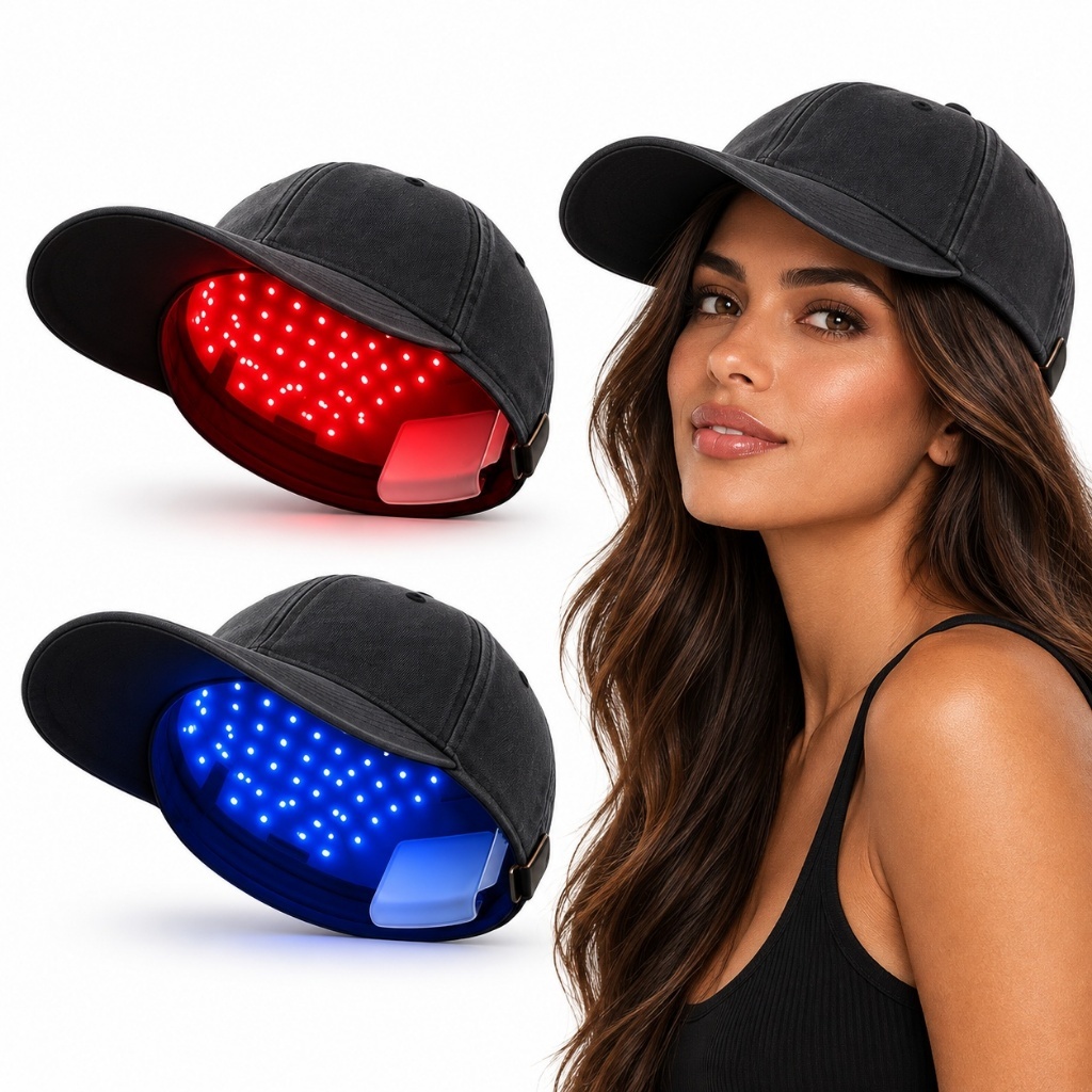 Boné LED para Cuidados Capilares com Luz Vermelha 630nm e Azul 470nm, 70 LEDs, 4 Modos e Aquecimento