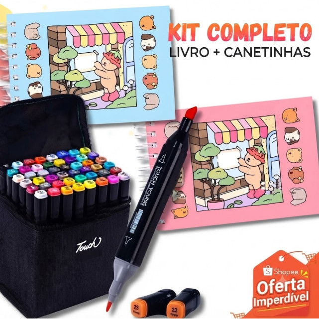Kit Livro De Colorir Capa Dura 50 Páginas 12/36/60/80/120 Cores Caneta Marcadora Com Ponta Dupla
