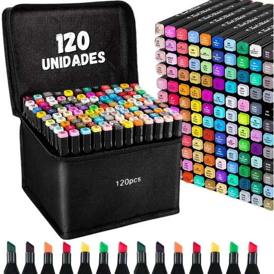 Kit 120 Canetas Marcadores Vibrantes De Ponta Dupla Estojo Artístico Para Colorir