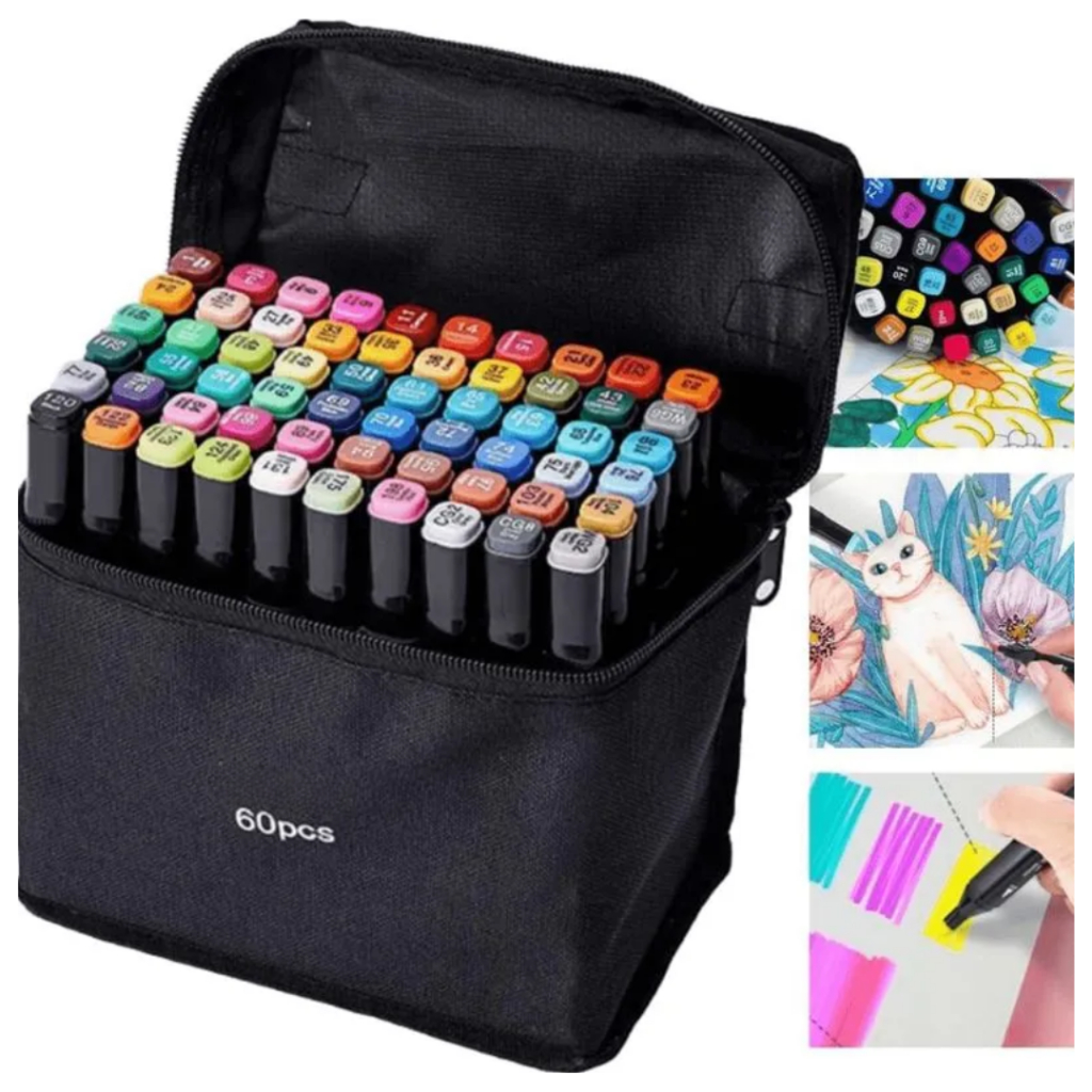 Kit 60 Cores Canetas Marcadoras Permanente Para Colorir Ponta Dupla