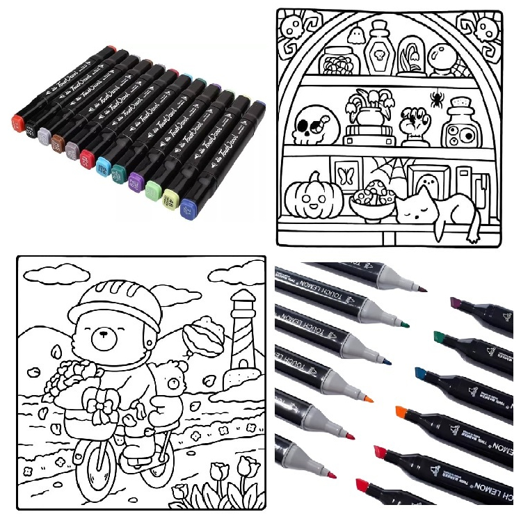Livro Para Colorir Capa Dura + 12Un Canetinhas Marcadoras Cores Vibrantes Ponta Dupla