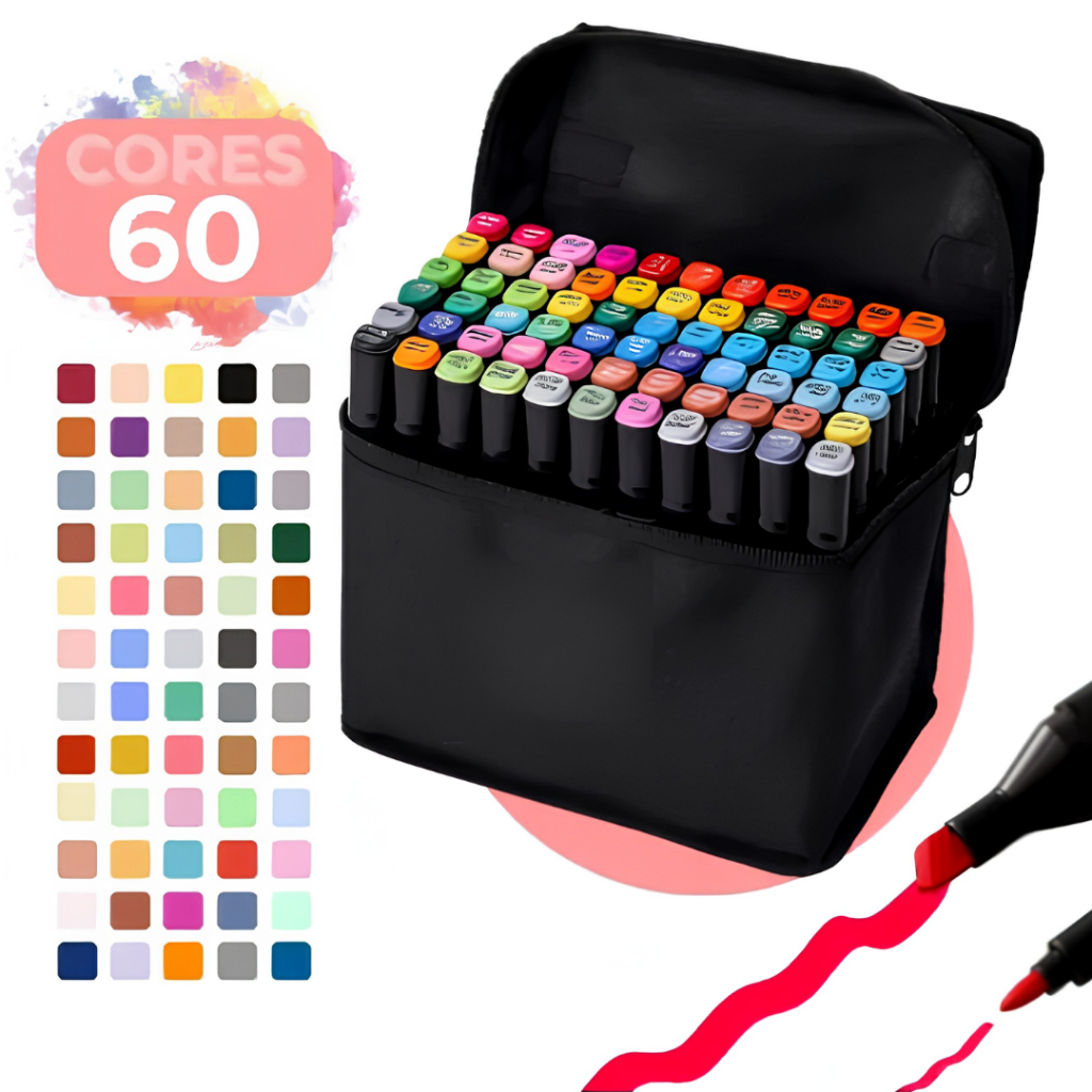 Estojo Com 60 Canetas Marcadoras Para Colorir Desenhos Ponta Dupla Codificada