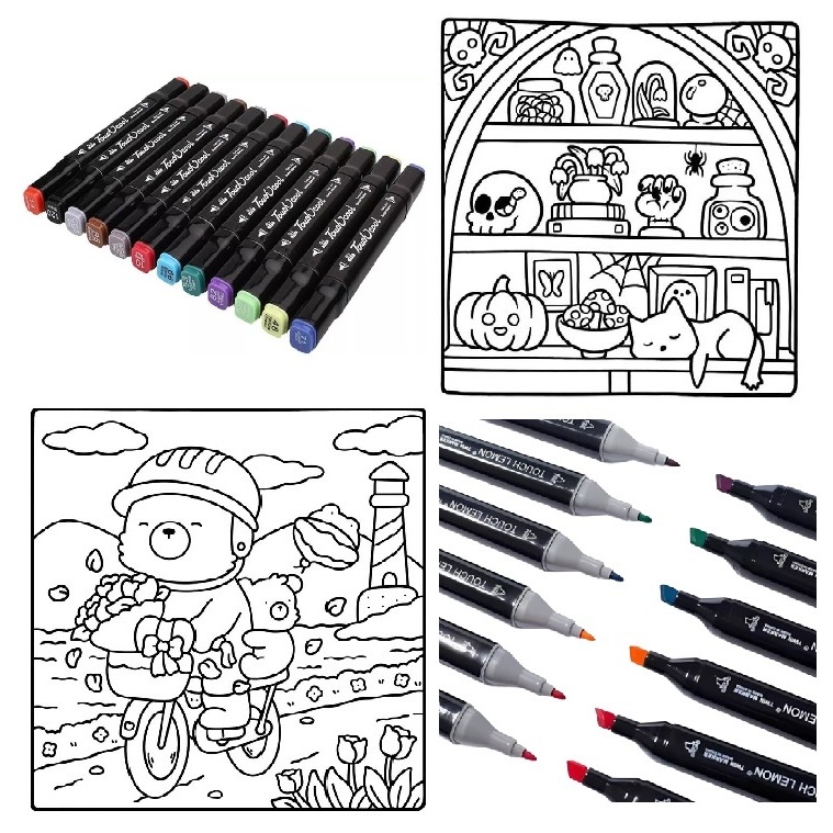 Kit Livro De Colorir + Canetas Marcadoras Ponta Dupla Para Relaxar Pronta Entrega