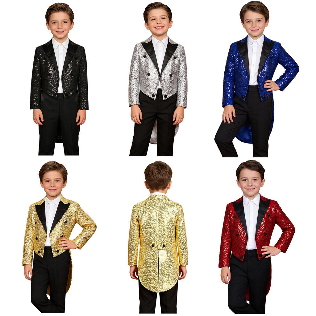 inhzoy Kids Boys Full Sequin Tailcoat Satin Peaked Lapel Open Front Long Sleeve Blazer for Magic Shows Performance