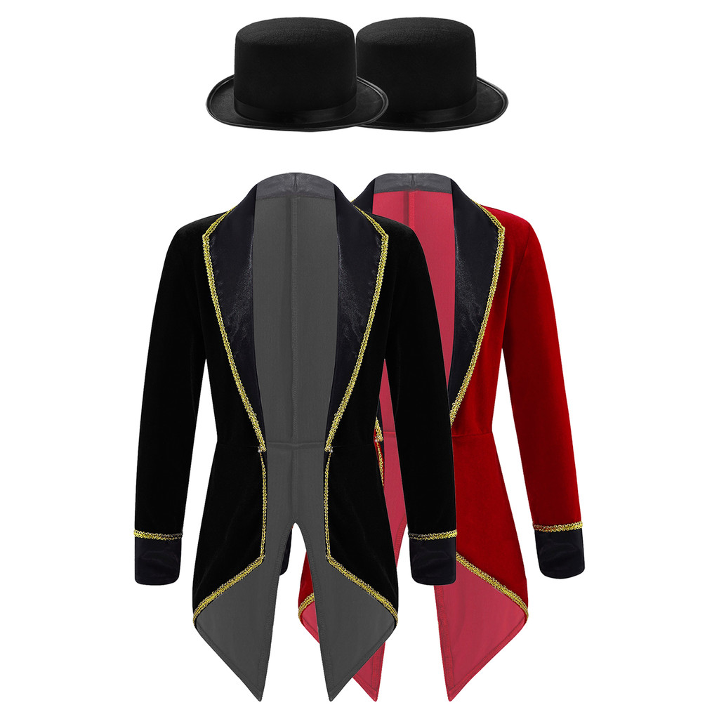 inhzoy Crianças Meninas Showman Traje Manga Longa Lapela Tailcoat Com Chapéu De Feltro Para Desempenho Cosplay Role Play