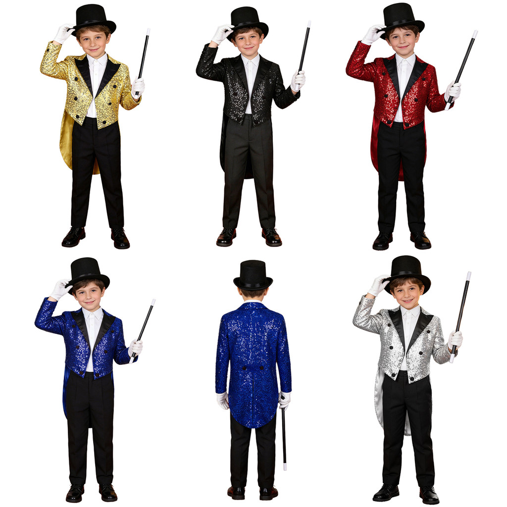 inhzoy Crianças Meninos Mágico Circo Traje Lantejoulas Tailcoat Blazer Com Chapéu Bowler Luvas Brancas E Varinha Terno D