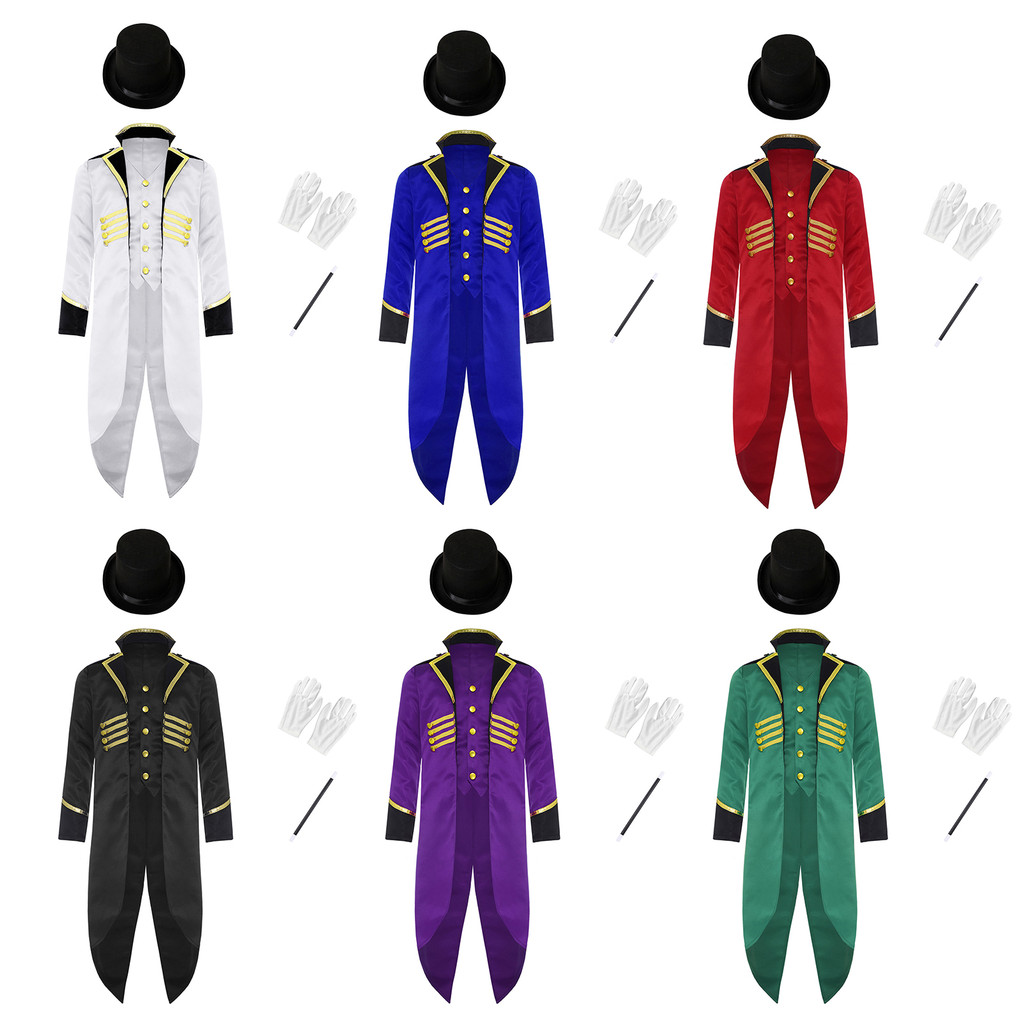 inhzoy 4 Peças Crianças Vintage Vitoriano Smoking Medieval Steampunk Tailcoat Com Cartola Luvas E Varinha Mágica Conjunt