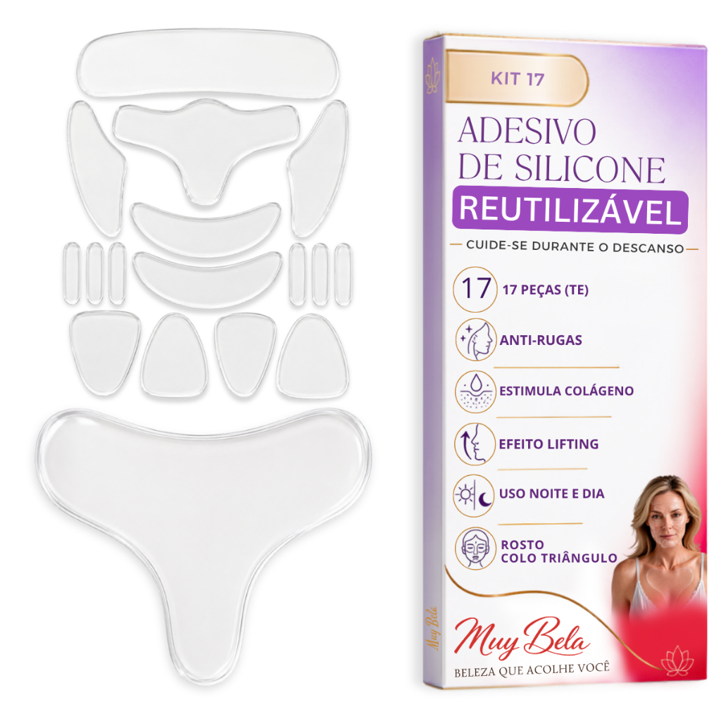 Kit com Adesivo Anti Rugas Silicone Rosto 16 Peças + 1 Peça Peito Colo Muy Bela Lavável Reutilizável Skin Care Colágeno