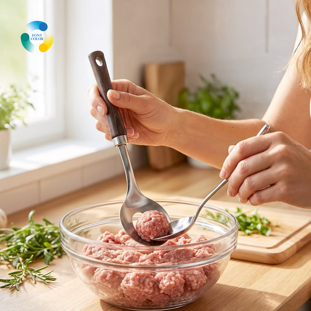 Meatball Maker Scoop Stainless Steel Spoon with Ergonomic Wooden Handle – Portioning Shaping Tool for Beef Shrimp and