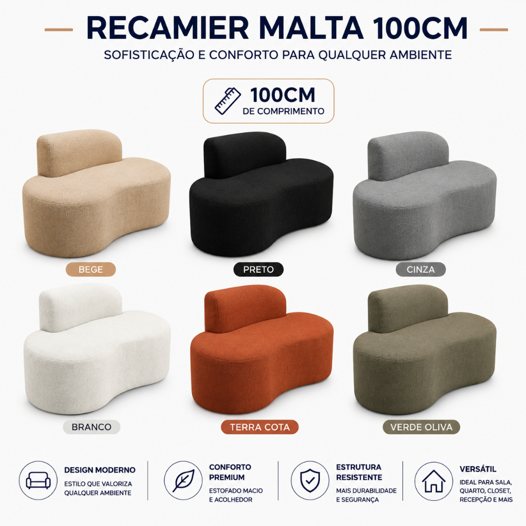 Divã Malta Sofisticado 100cm Estofado para Quarto Sala de Estar Luxo Premium