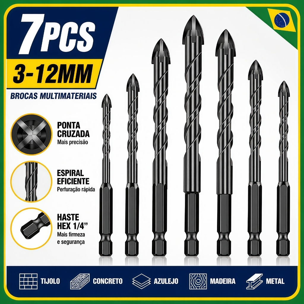 Kit of 7 Multipurpose Titanium Serrated Eccentric Drill Bits 3mm to 12mm