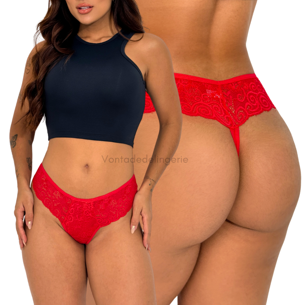 Kit Calcinha Fio Dental sensual Cavadinha Em Renda Com Forro Em Algodão