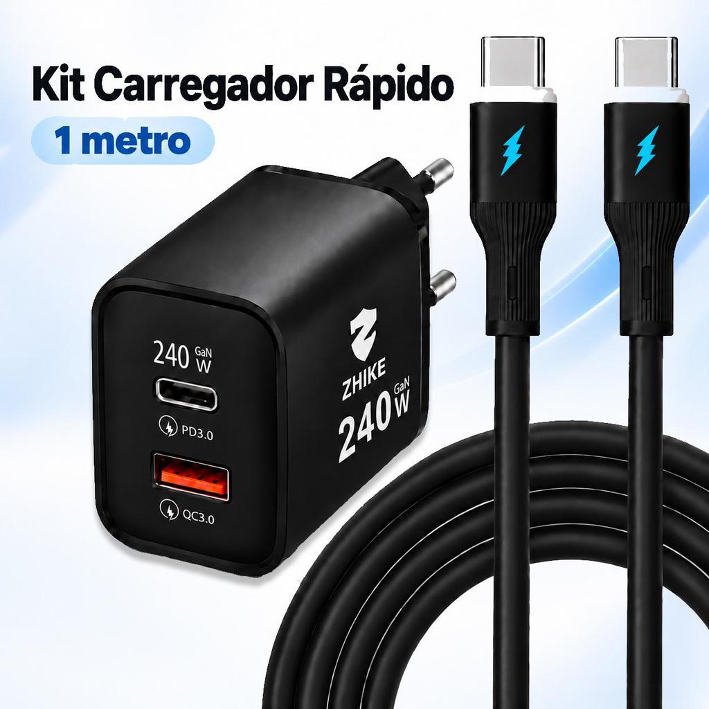 Kit Carregador GaN 240W Turbo Carregamento Rapido Cabo Tipo C E-Marker 2 Portas Silicone Notebook Samsung Bivolt ZHIKE