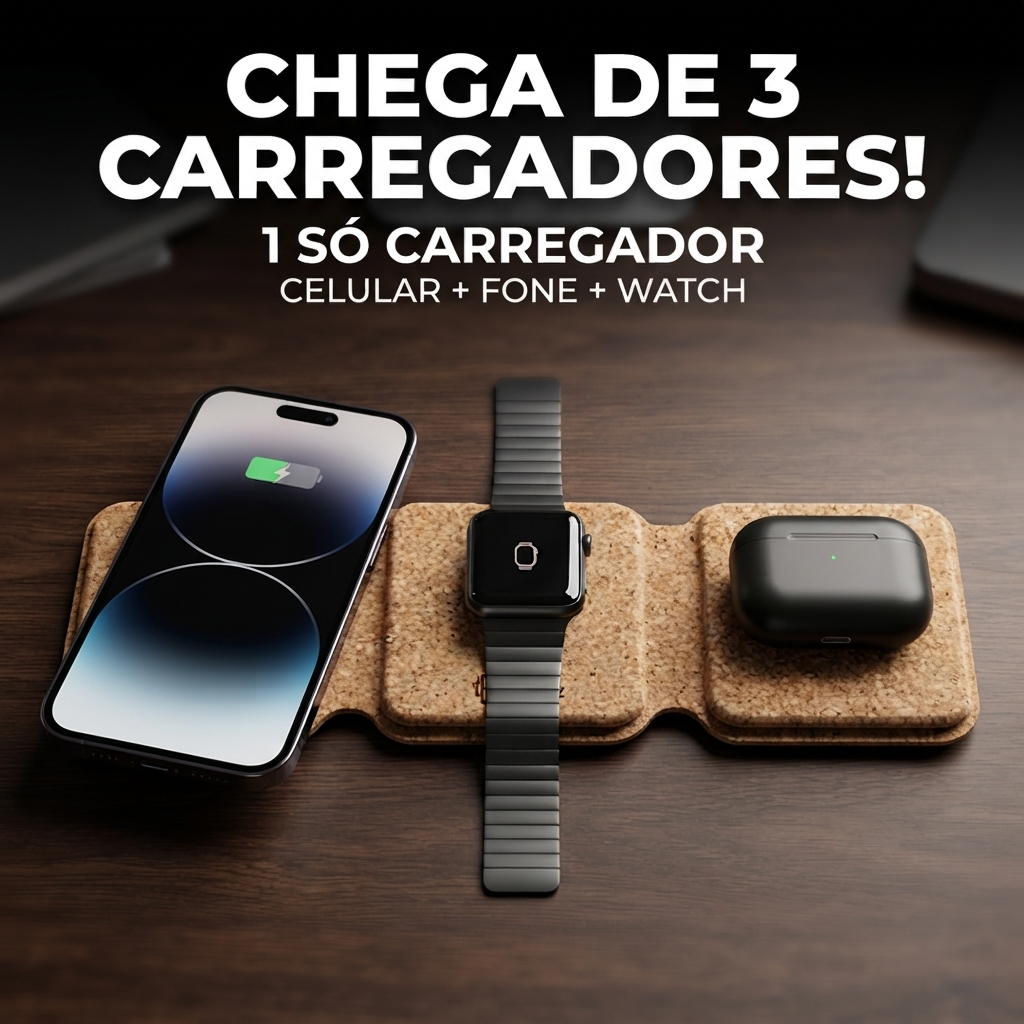 Carregador Sem Fio 3 em 1 Händz Cork Triple Charge Celular Fone Watch