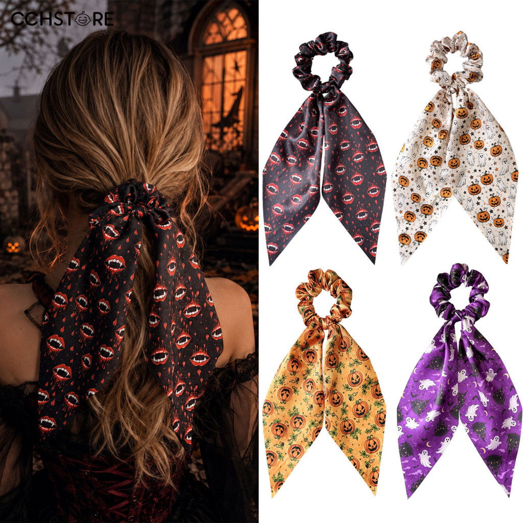 Holiday Party Hair Decor Ghost Print Accessories Halloween Scrunchies 2 1 Long Tail Bow Tie Scarf Pumpkin Vampire Lip De