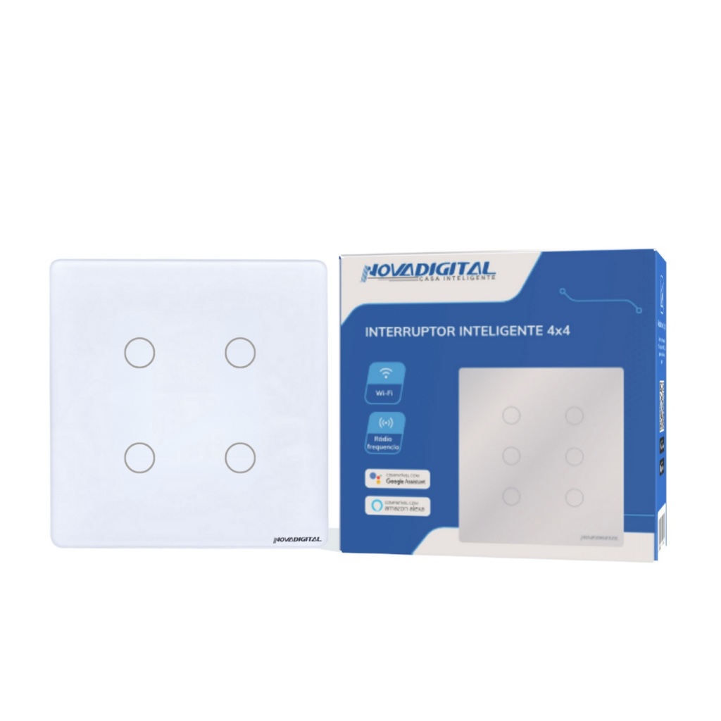 Interruptor Inteligente 4x4 Touch Wifi+RF 4 Botões Nova Digital Branco Compatível com Alexa Google
