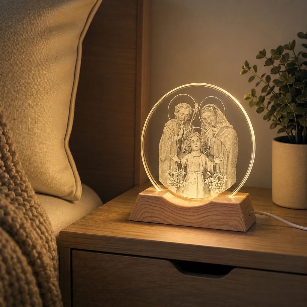 Luminária de Mesa Disco Cristal LED Luz Quente Base Madeira